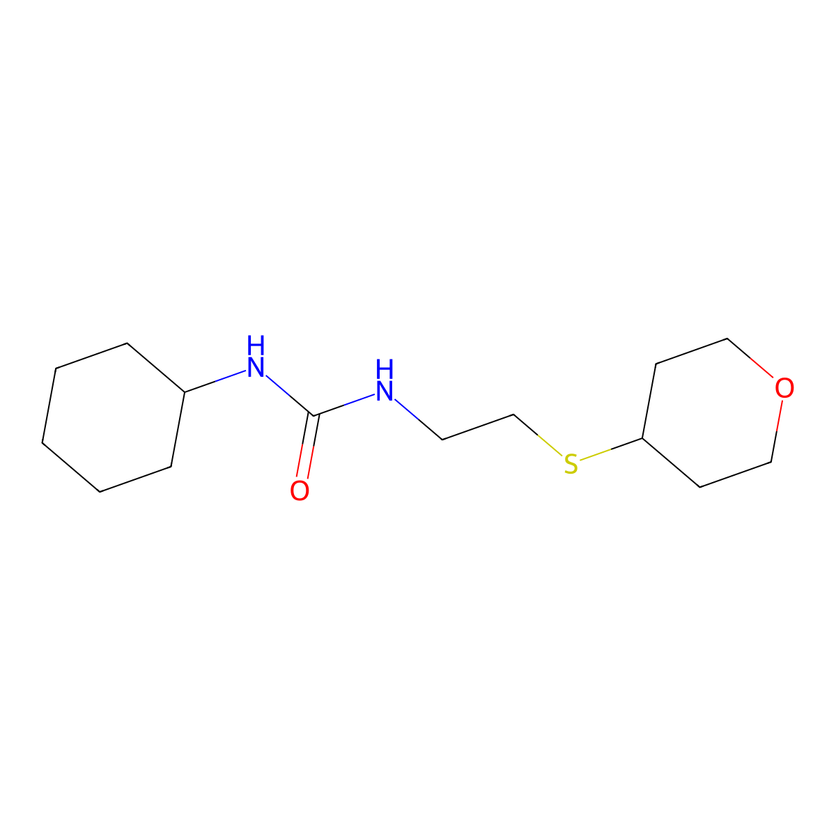 1-Cyclohexyl-3-[2-(oxan-4-ylsulfanyl)ethyl]urea molecular structure, CAS 2034263-69-7