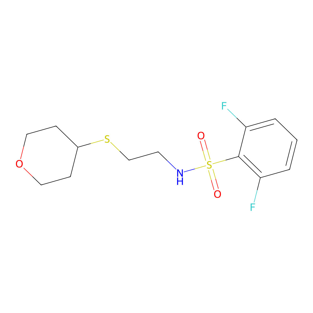 2,6-difluoro-N-(2-((tetrahydro-2H-pyran-4-yl)thio)ethyl)benzenesulfonamide molecular structure, CAS 2034263-74-4