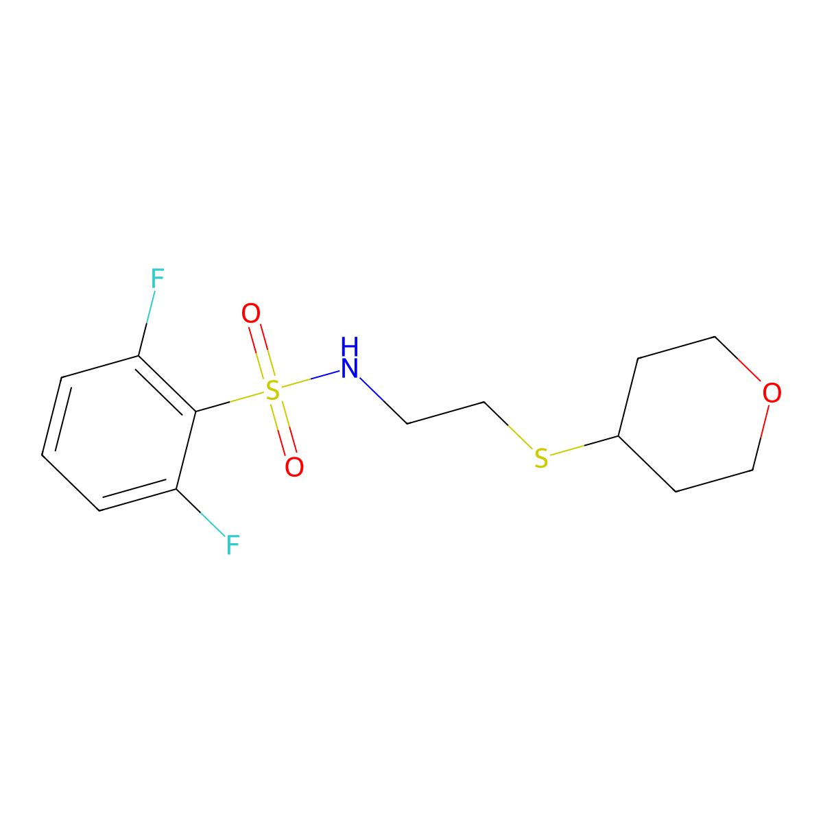 2,6-difluoro-N-(2-((tetrahydro-2H-pyran-4-yl)thio)ethyl)benzenesulfonamide molecular structure, CAS 2034263-74-4
