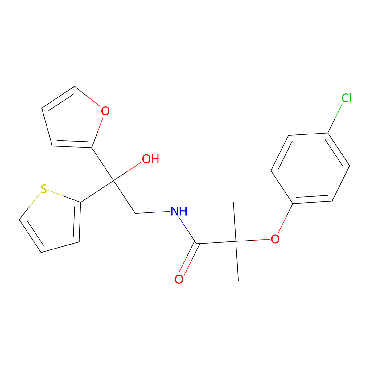 2-(4-chlorophenoxy)-N-(2-(furan-2-yl)-2-hydroxy-2-(thiophen-2-yl)ethyl)-2-methylpropanamide molecular structure, CAS 2034263-82-4