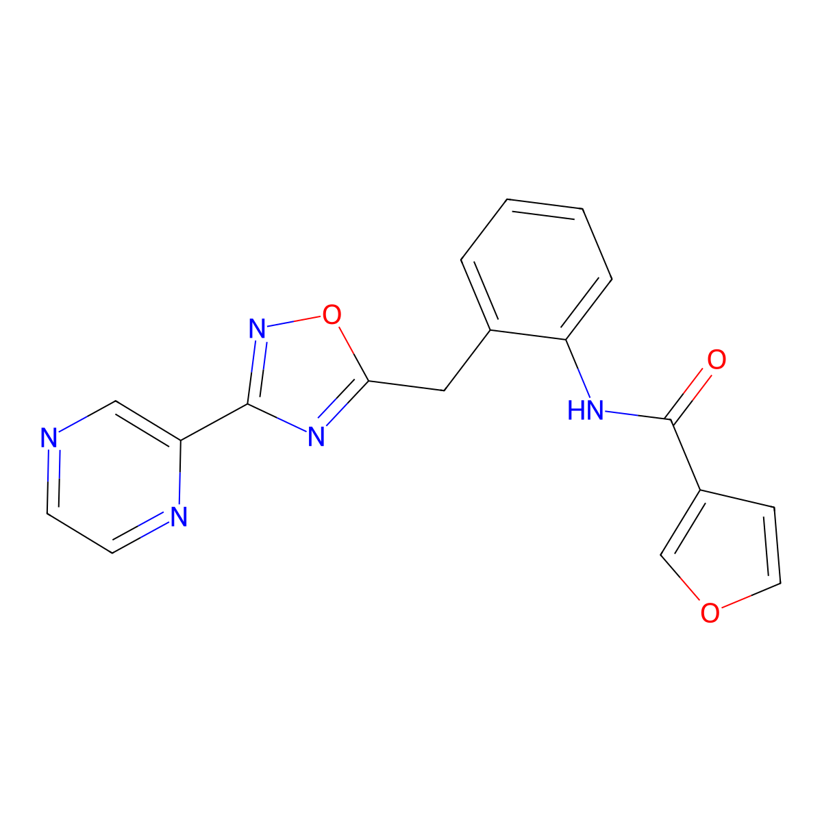 N-(2-((3-(pyrazin-2-yl)-1,2,4-oxadiazol-5-yl)methyl)phenyl)furan-3-carboxamide molecular structure, CAS 2034263-93-7