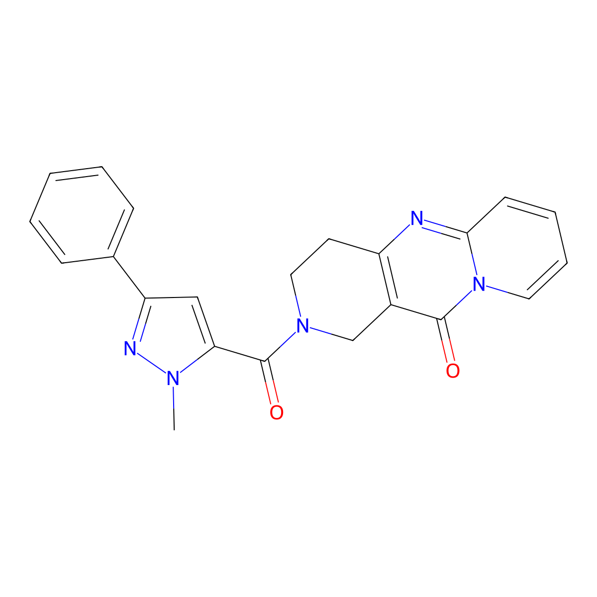 2-(1-methyl-3-phenyl-1H-pyrazole-5-carbonyl)-3,4-dihydro-1H-dipyrido[1,2-a:4',3'-d]pyrimidin-11(2H)-one molecular structure, CAS 2034264-08-7