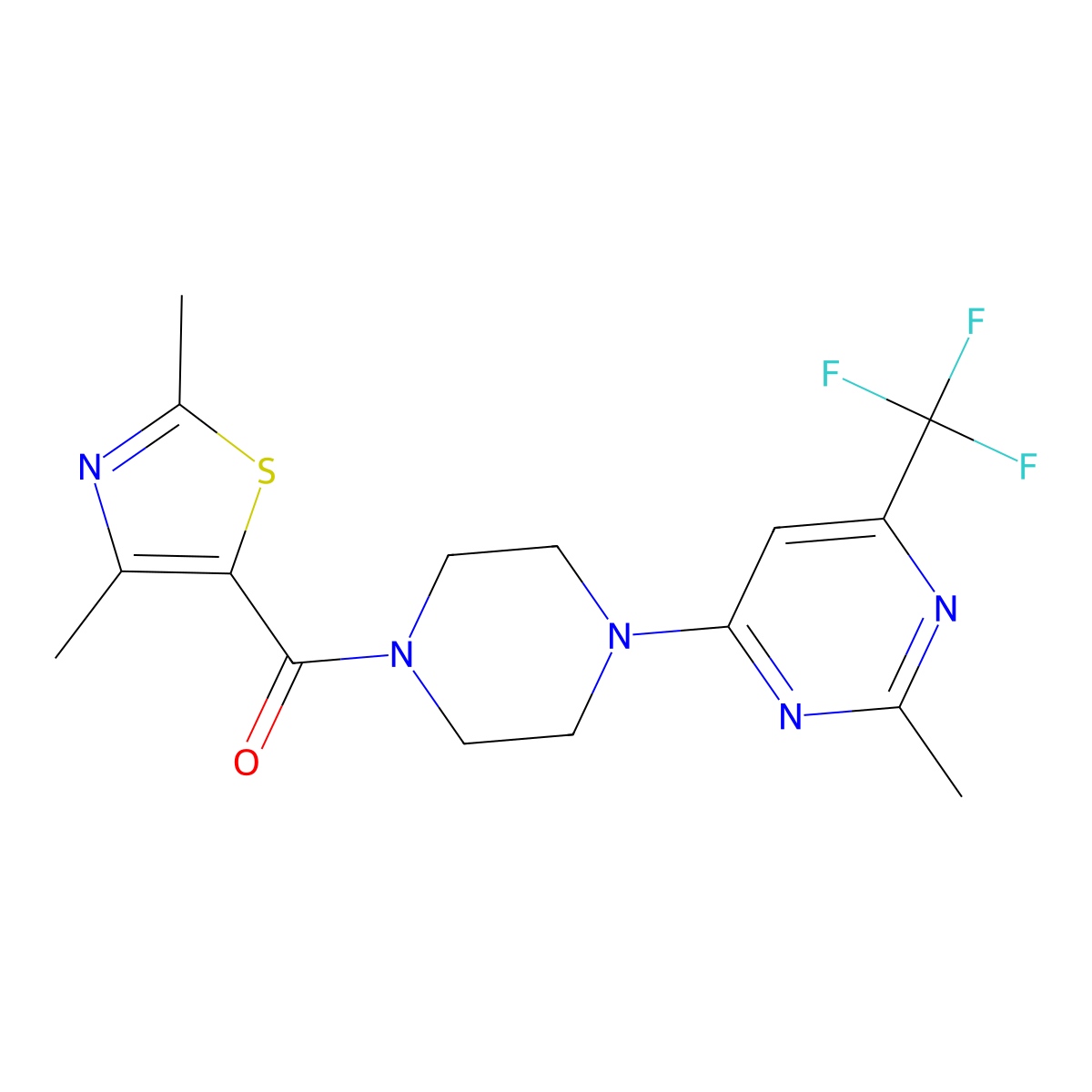 (2,4-Dimethylthiazol-5-yl)(4-(2-methyl-6-(trifluoromethyl)pyrimidin-4-yl)piperazin-1-yl)methanone molecular structure, CAS 2034264-15-6