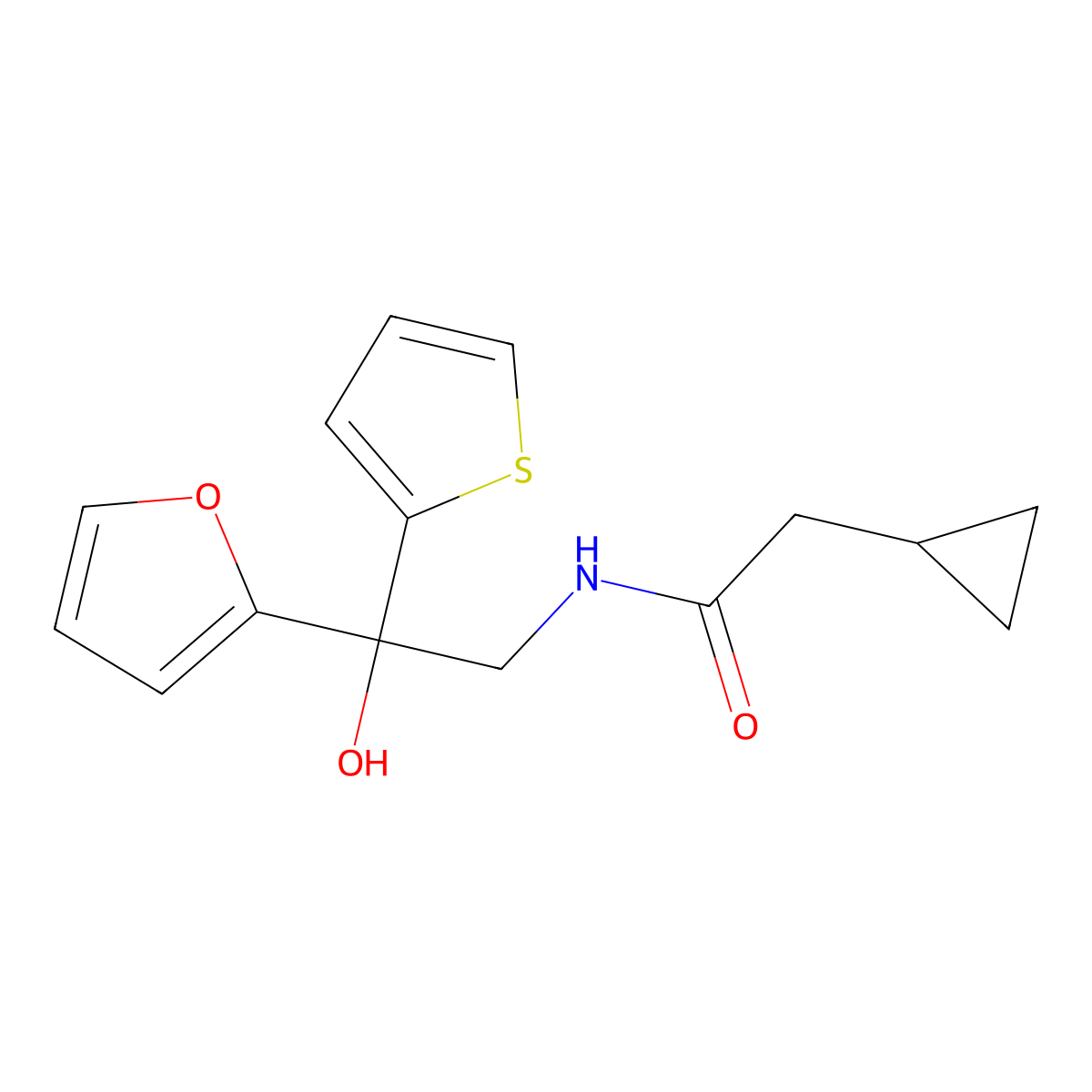 2-cyclopropyl-N-(2-(furan-2-yl)-2-hydroxy-2-(thiophen-2-yl)ethyl)acetamide molecular structure, CAS 2034264-17-8