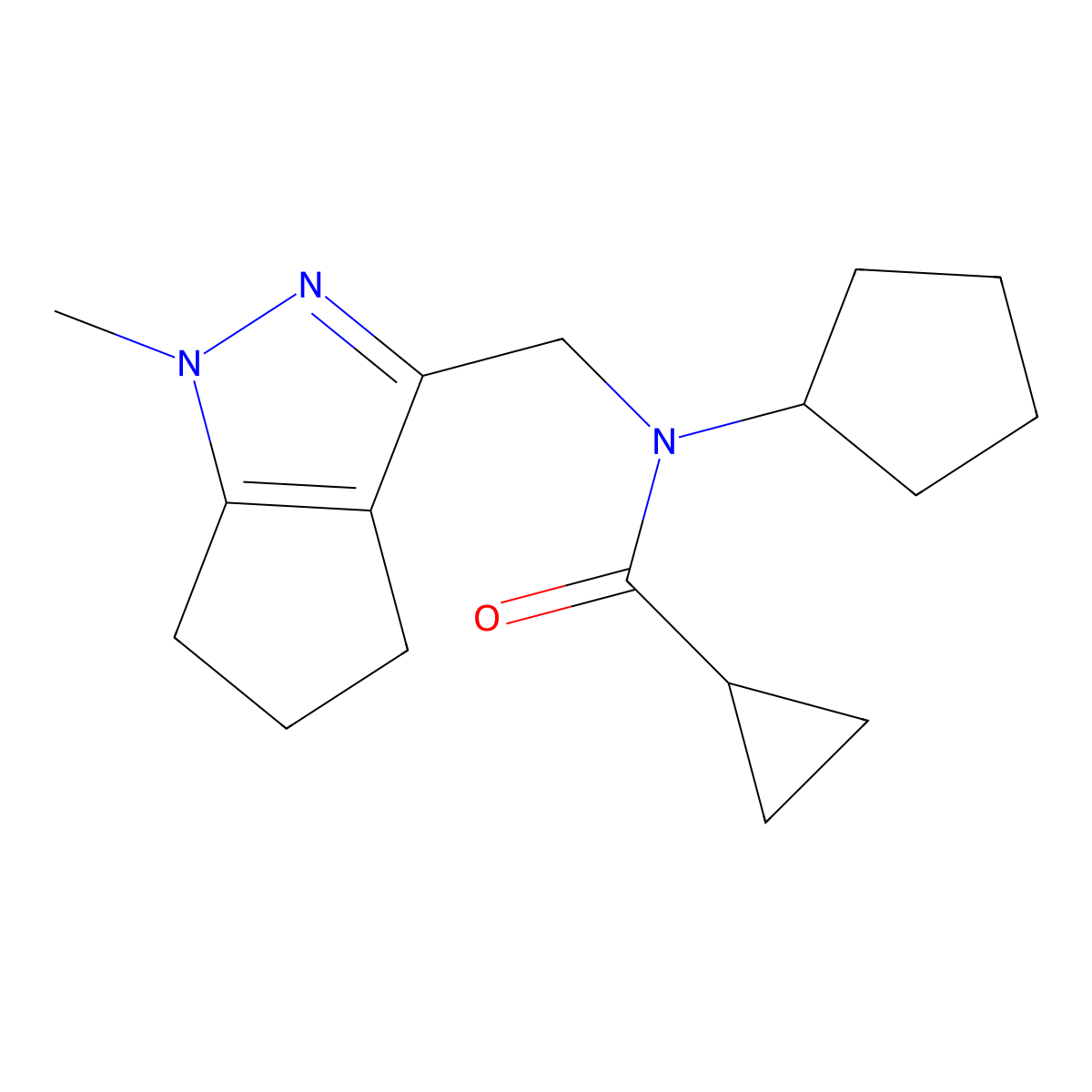 N-cyclopentyl-N-((1-methyl-1,4,5,6-tetrahydrocyclopenta[c]pyrazol-3-yl)methyl)cyclopropanecarboxamide molecular structure, CAS 2034264-18-9