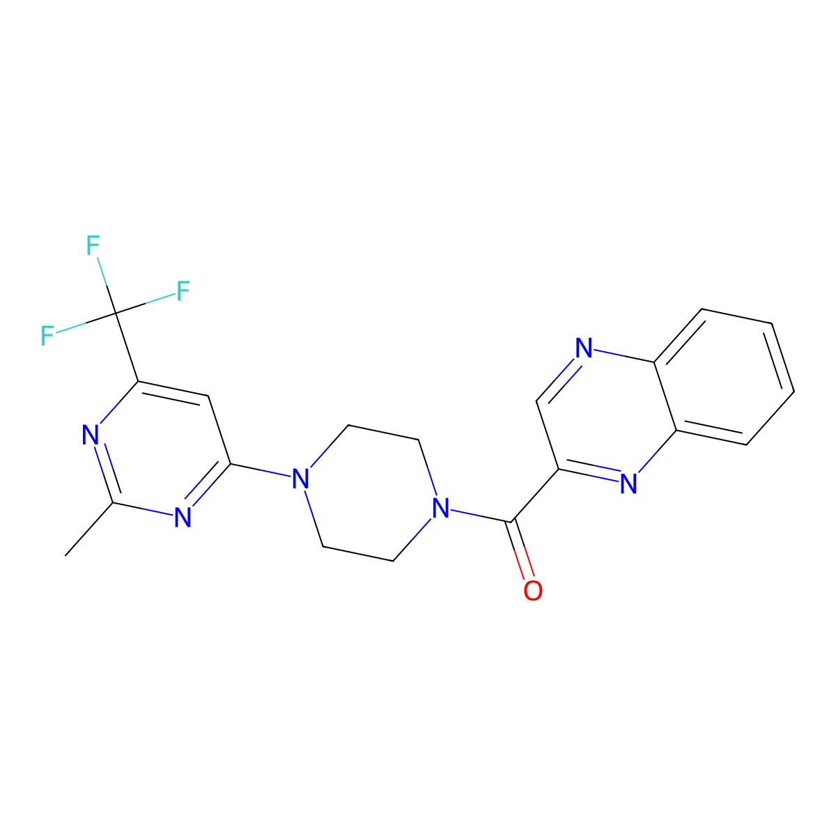 (4-(2-Methyl-6-(trifluoromethyl)pyrimidin-4-yl)piperazin-1-yl)(quinoxalin-2-yl)methanone molecular structure, CAS 2034264-21-4