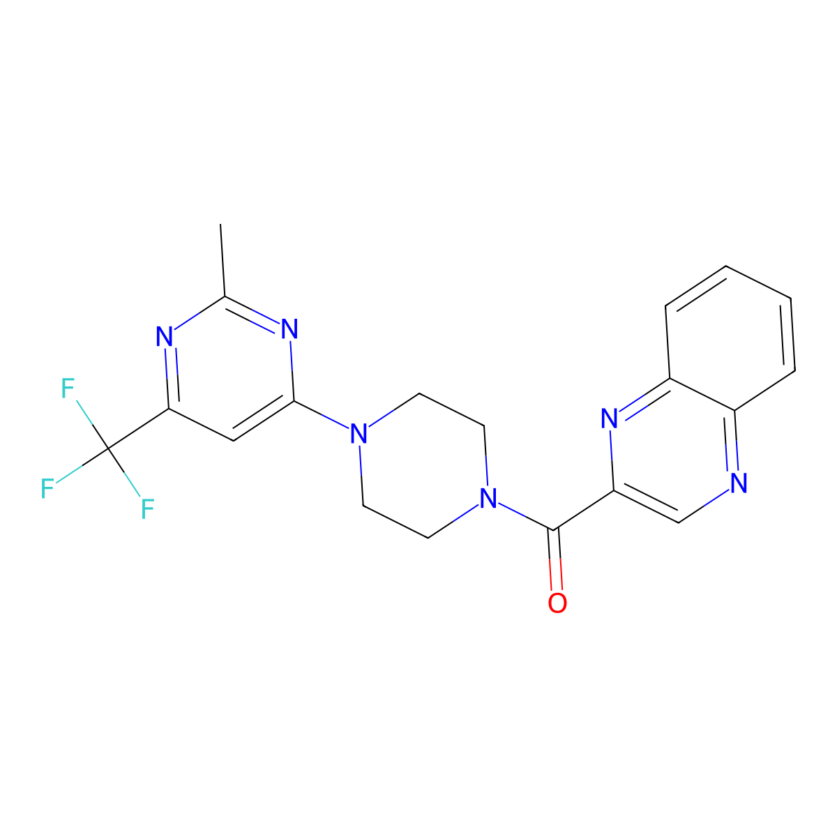 (4-(2-Methyl-6-(trifluoromethyl)pyrimidin-4-yl)piperazin-1-yl)(quinoxalin-2-yl)methanone molecular structure, CAS 2034264-21-4