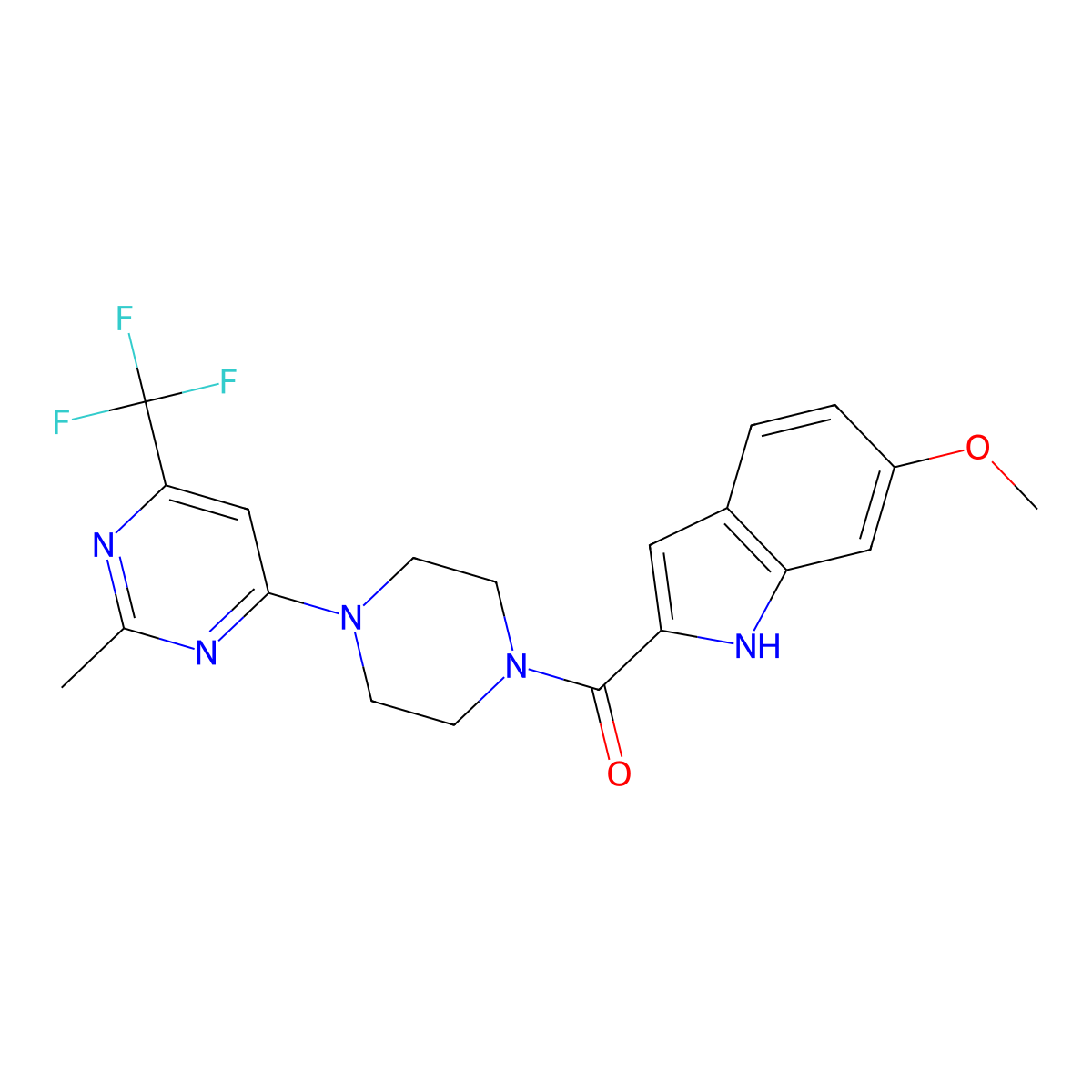 (6-methoxy-1H-indol-2-yl)(4-(2-methyl-6-(trifluoromethyl)pyrimidin-4-yl)piperazin-1-yl)methanone molecular structure, CAS 2034264-31-6