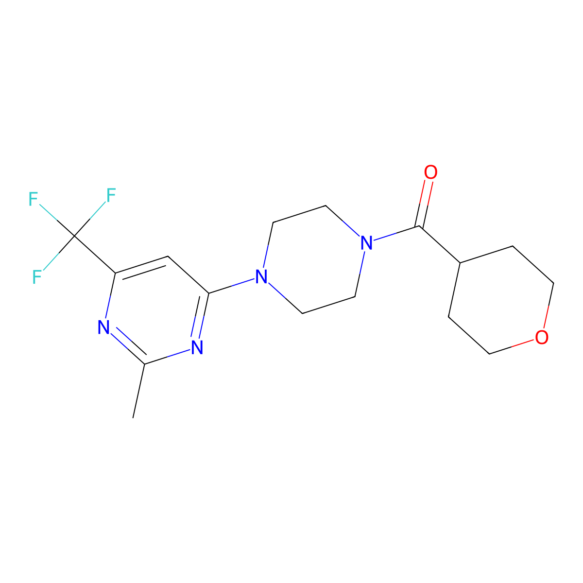 (4-(2-methyl-6-(trifluoromethyl)pyrimidin-4-yl)piperazin-1-yl)(tetrahydro-2H-pyran-4-yl)methanone molecular structure, CAS 2034264-38-3