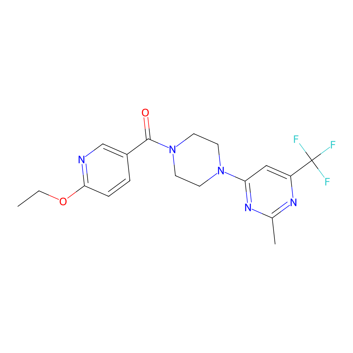 (6-Ethoxypyridin-3-yl)(4-(2-methyl-6-(trifluoromethyl)pyrimidin-4-yl)piperazin-1-yl)methanone molecular structure, CAS 2034264-51-0
