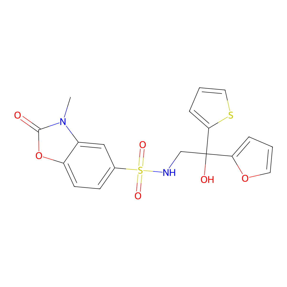 N-(2-(furan-2-yl)-2-hydroxy-2-(thiophen-2-yl)ethyl)-3-methyl-2-oxo-2,3-dihydrobenzo[d]oxazole-5-sulfonamide molecular structure, CAS 2034264-55-4