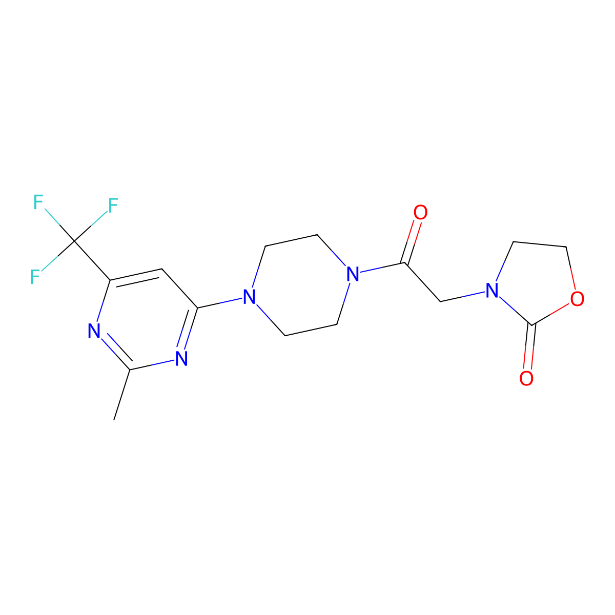 3-(2-(4-(2-Methyl-6-(trifluoromethyl)pyrimidin-4-yl)piperazin-1-yl)-2-oxoethyl)oxazolidin-2-one molecular structure, CAS 2034264-57-6
