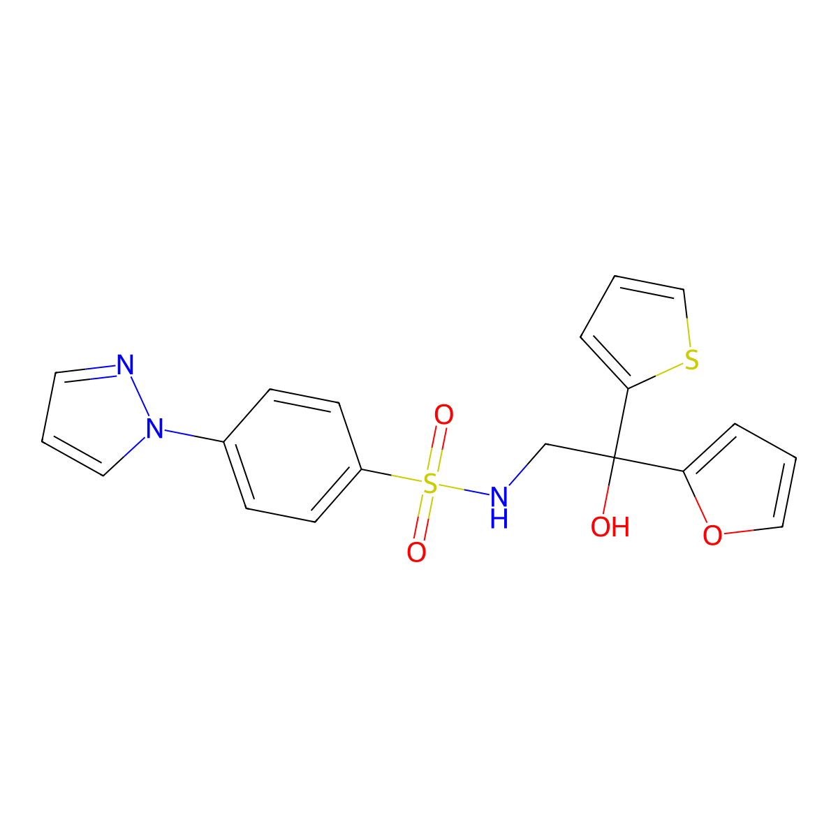 N-(2-(furan-2-yl)-2-hydroxy-2-(thiophen-2-yl)ethyl)-4-(1H-pyrazol-1-yl)benzenesulfonamide molecular structure, CAS 2034264-64-5