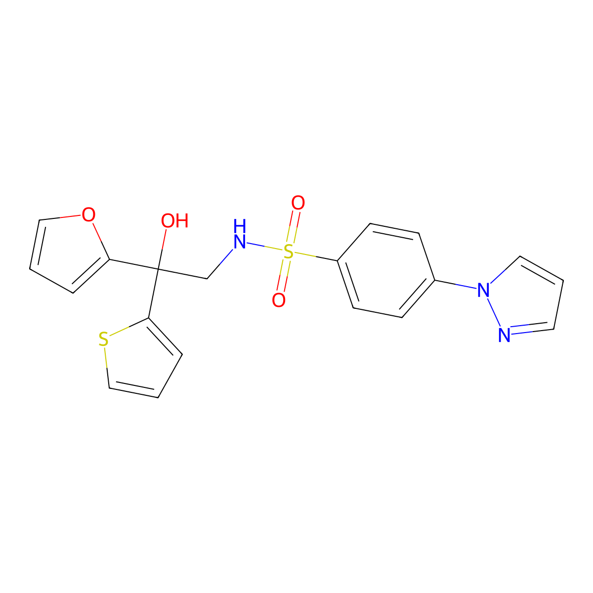 N-(2-(furan-2-yl)-2-hydroxy-2-(thiophen-2-yl)ethyl)-4-(1H-pyrazol-1-yl)benzenesulfonamide molecular structure, CAS 2034264-64-5
