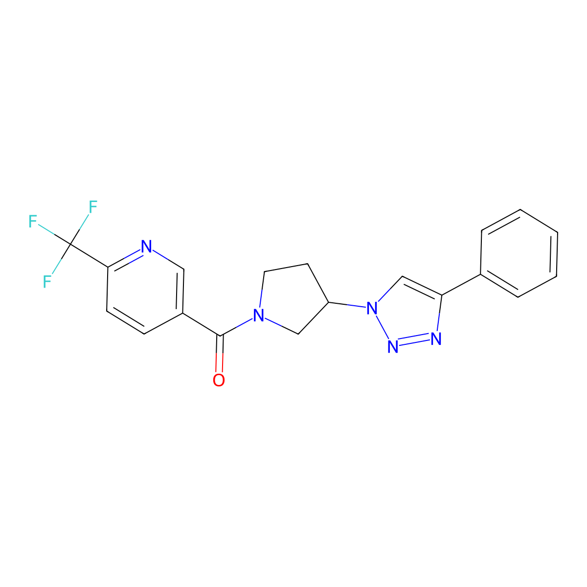 (3-(4-phenyl-1H-1,2,3-triazol-1-yl)pyrrolidin-1-yl)(6-(trifluoromethyl)pyridin-3-yl)methanone molecular structure, CAS 2034264-66-7