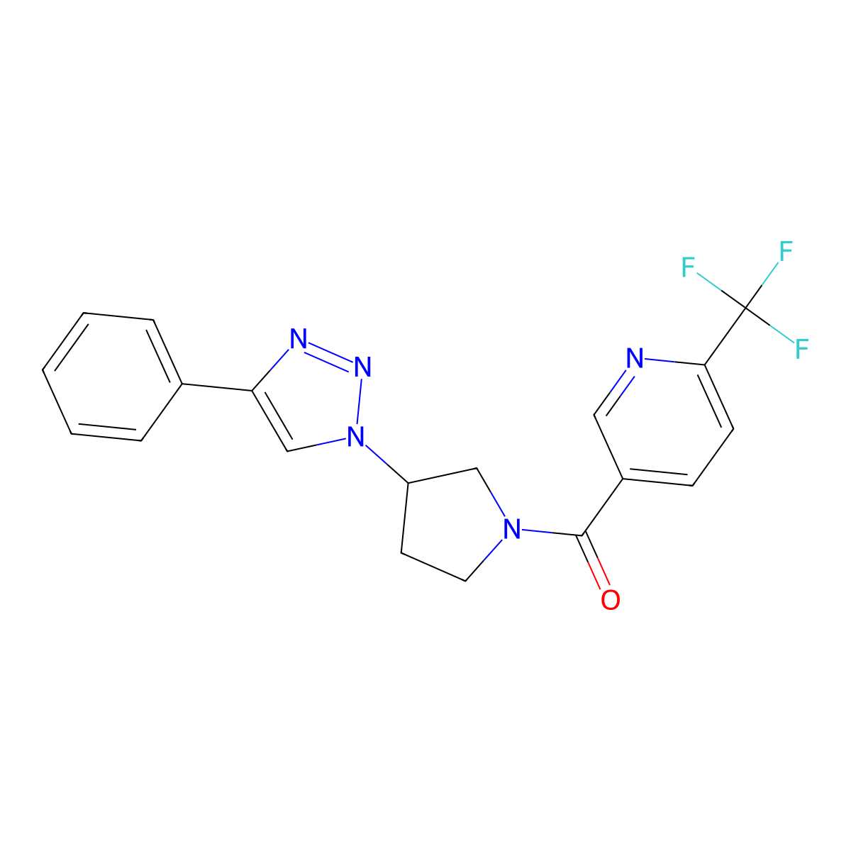 (3-(4-phenyl-1H-1,2,3-triazol-1-yl)pyrrolidin-1-yl)(6-(trifluoromethyl)pyridin-3-yl)methanone molecular structure, CAS 2034264-66-7