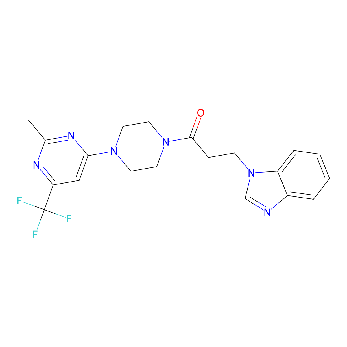 3-(1H-benzo[d]imidazol-1-yl)-1-(4-(2-methyl-6-(trifluoromethyl)pyrimidin-4-yl)piperazin-1-yl)propan-1-one molecular structure, CAS 2034264-71-4