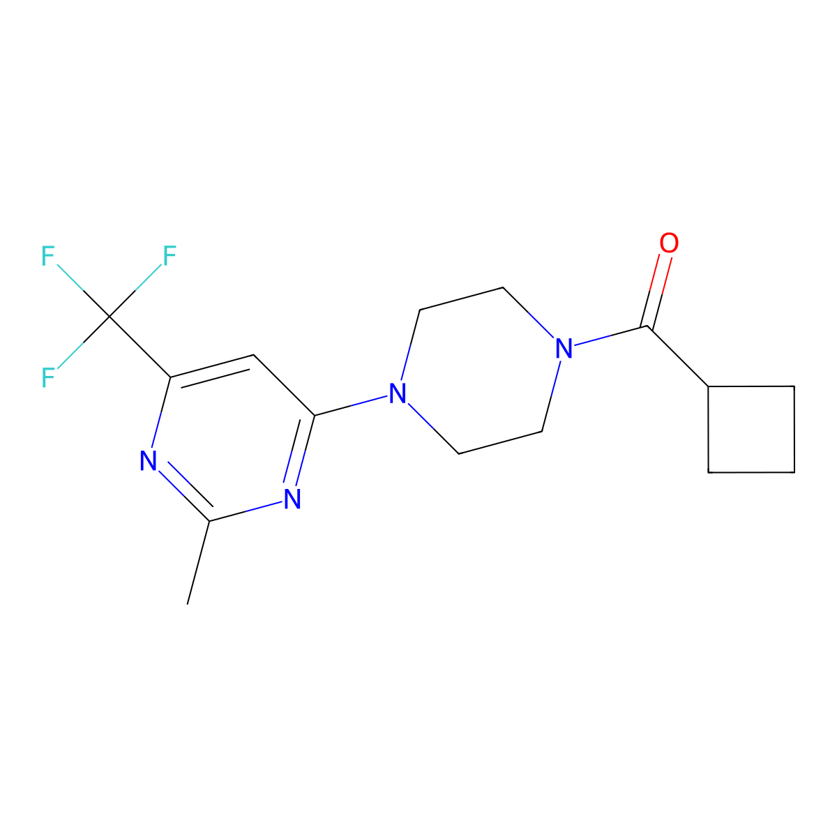 Cyclobutyl(4-(2-methyl-6-(trifluoromethyl)pyrimidin-4-yl)piperazin-1-yl)methanone molecular structure, CAS 2034264-78-1