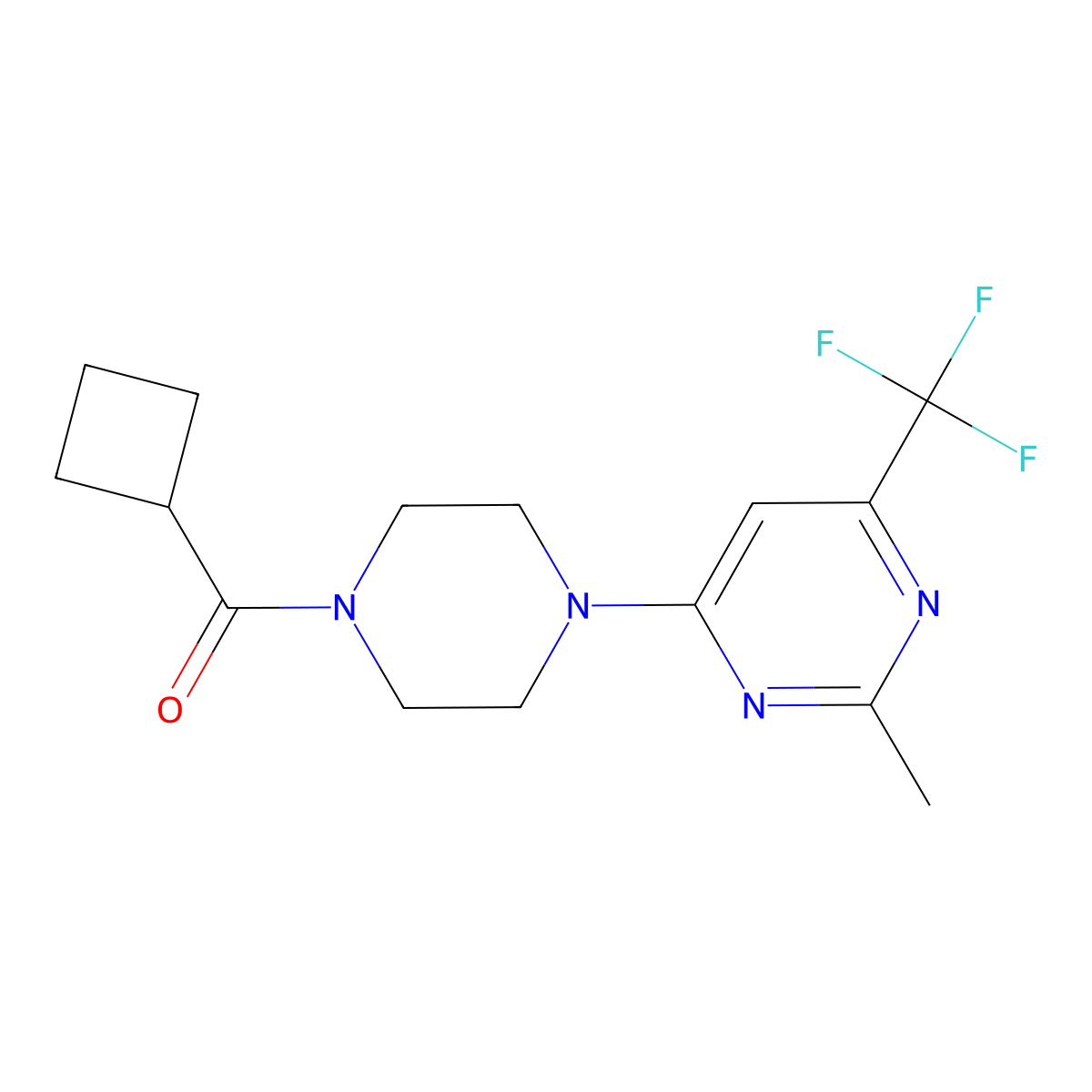 Cyclobutyl(4-(2-methyl-6-(trifluoromethyl)pyrimidin-4-yl)piperazin-1-yl)methanone molecular structure, CAS 2034264-78-1