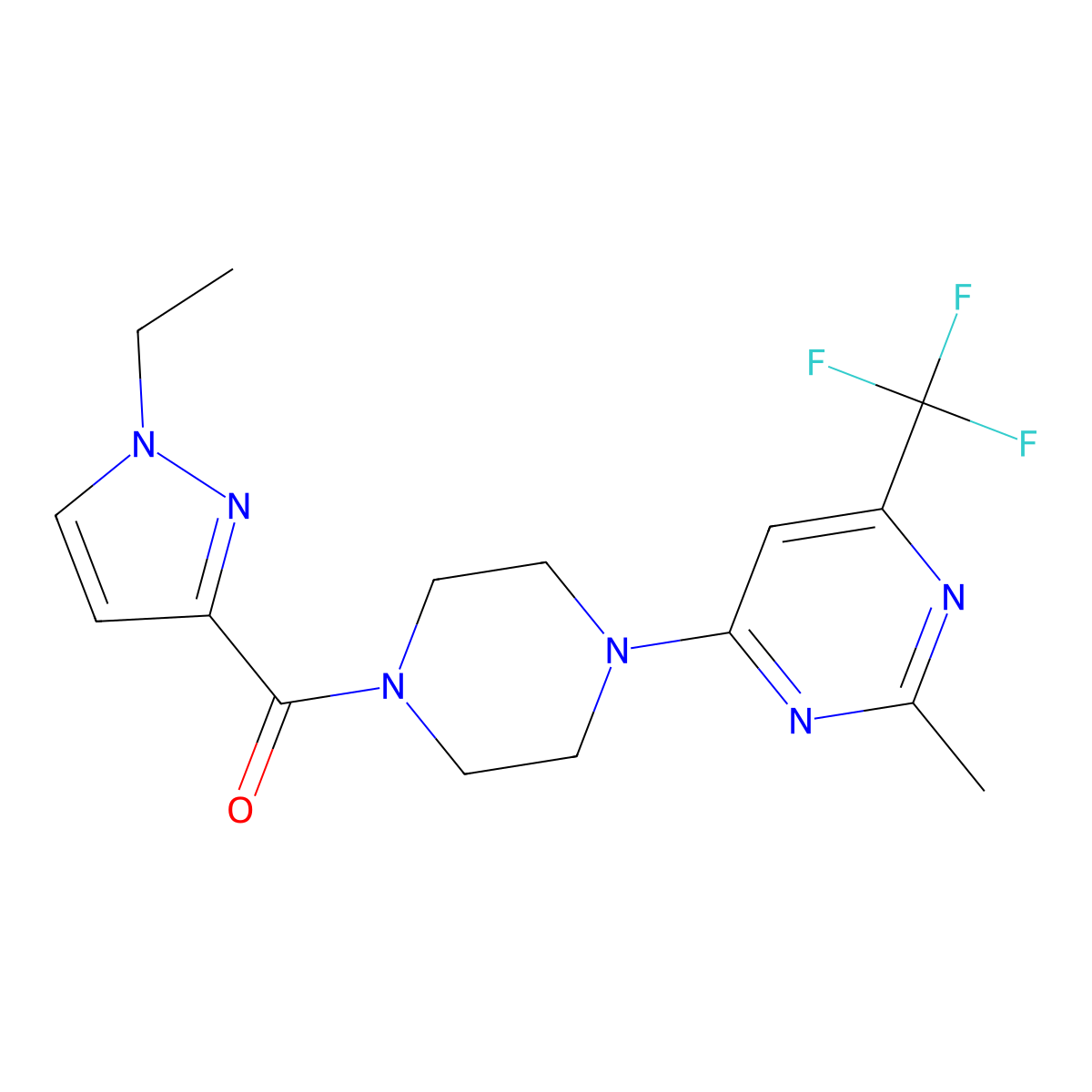 (1-ethyl-1H-pyrazol-3-yl)(4-(2-methyl-6-(trifluoromethyl)pyrimidin-4-yl)piperazin-1-yl)methanone molecular structure, CAS 2034264-85-0
