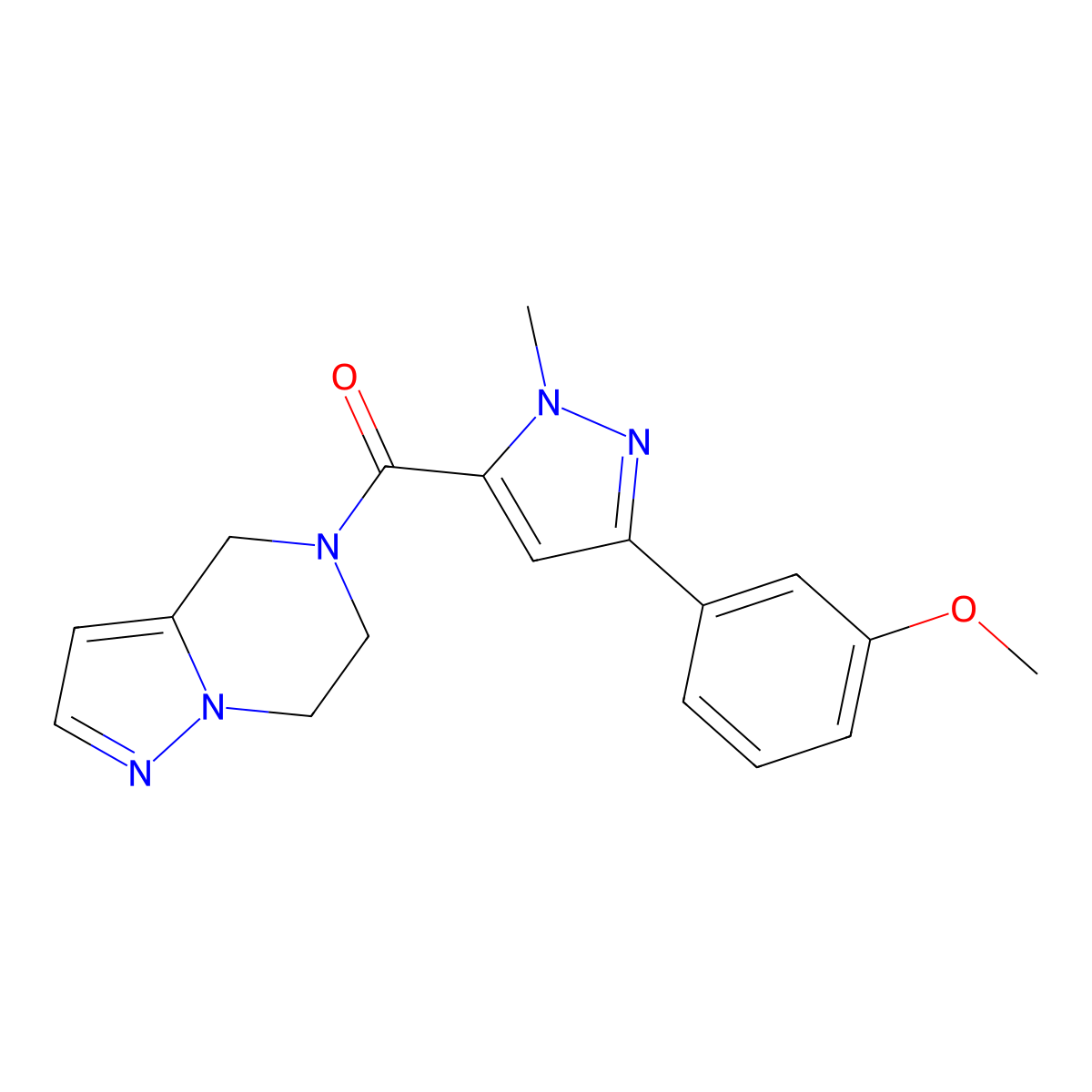 3-(3-methoxyphenyl)-1-methyl-5-{4H,5H,6H,7H-pyrazolo[1,5-a]pyrazine-5-carbonyl}-1H-pyrazole molecular structure, CAS 2034264-94-1