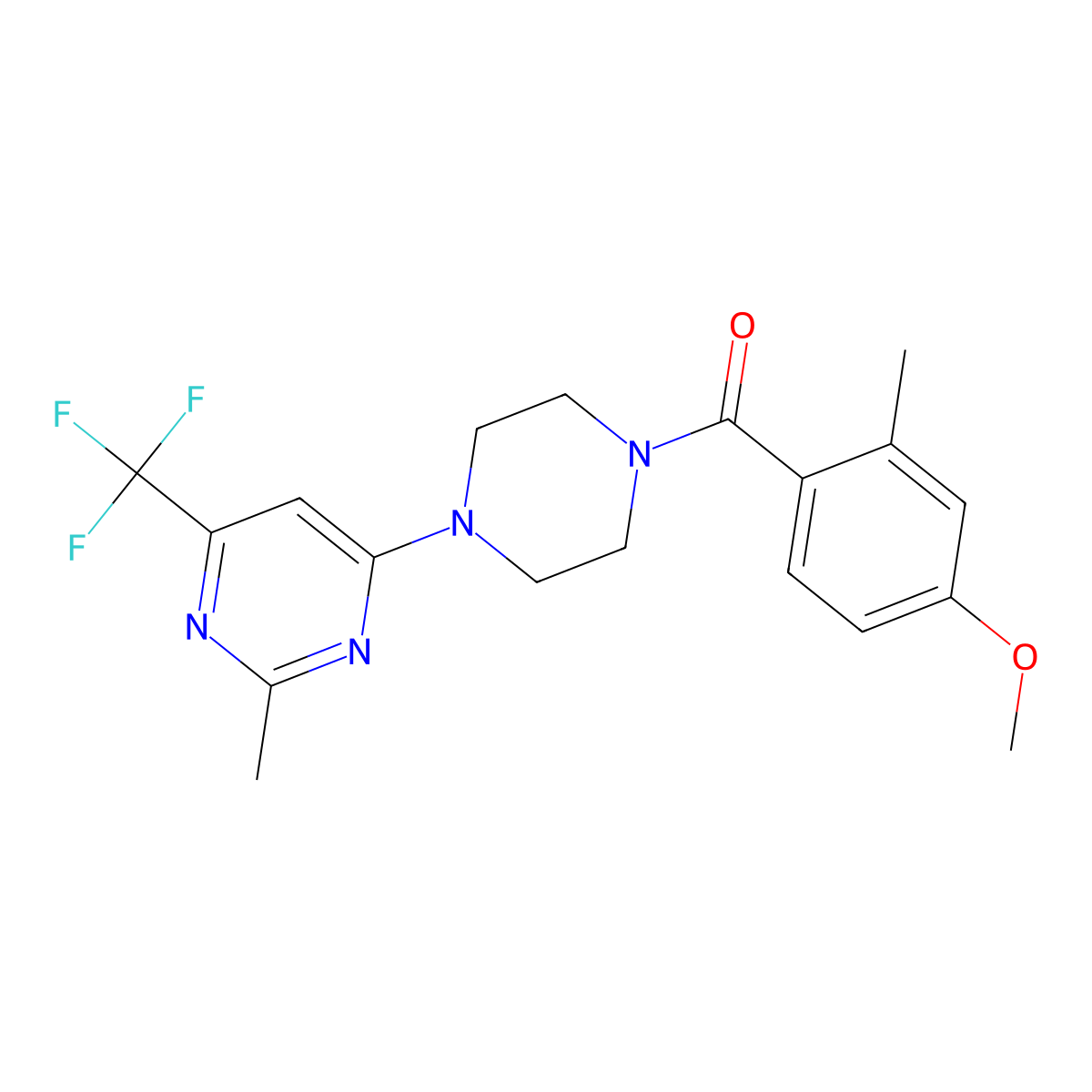 (4-Methoxy-2-methylphenyl)(4-(2-methyl-6-(trifluoromethyl)pyrimidin-4-yl)piperazin-1-yl)methanone molecular structure, CAS 2034264-95-2