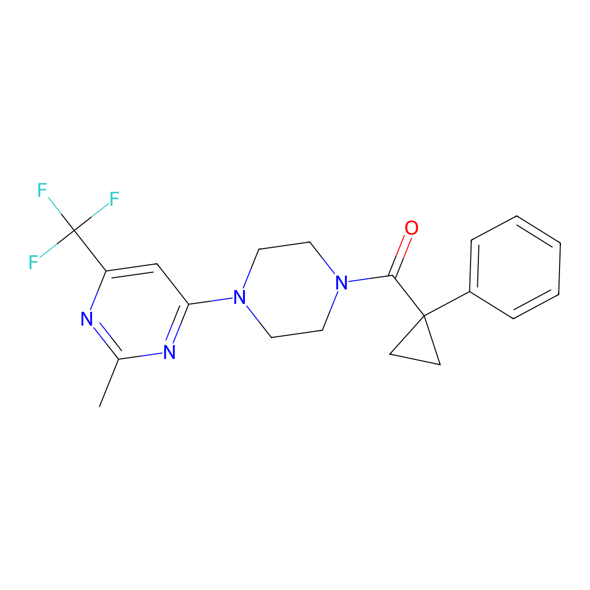 (4-(2-Methyl-6-(trifluoromethyl)pyrimidin-4-yl)piperazin-1-yl)(1-phenylcyclopropyl)methanone molecular structure, CAS 2034264-99-6