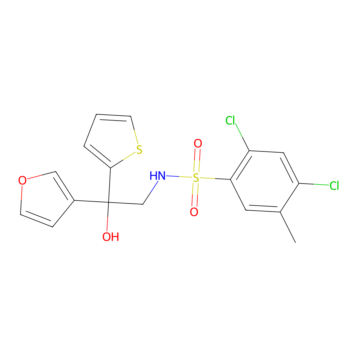 2,4-dichloro-N-(2-(furan-3-yl)-2-hydroxy-2-(thiophen-2-yl)ethyl)-5-methylbenzenesulfonamide molecular structure, CAS 2034265-00-2