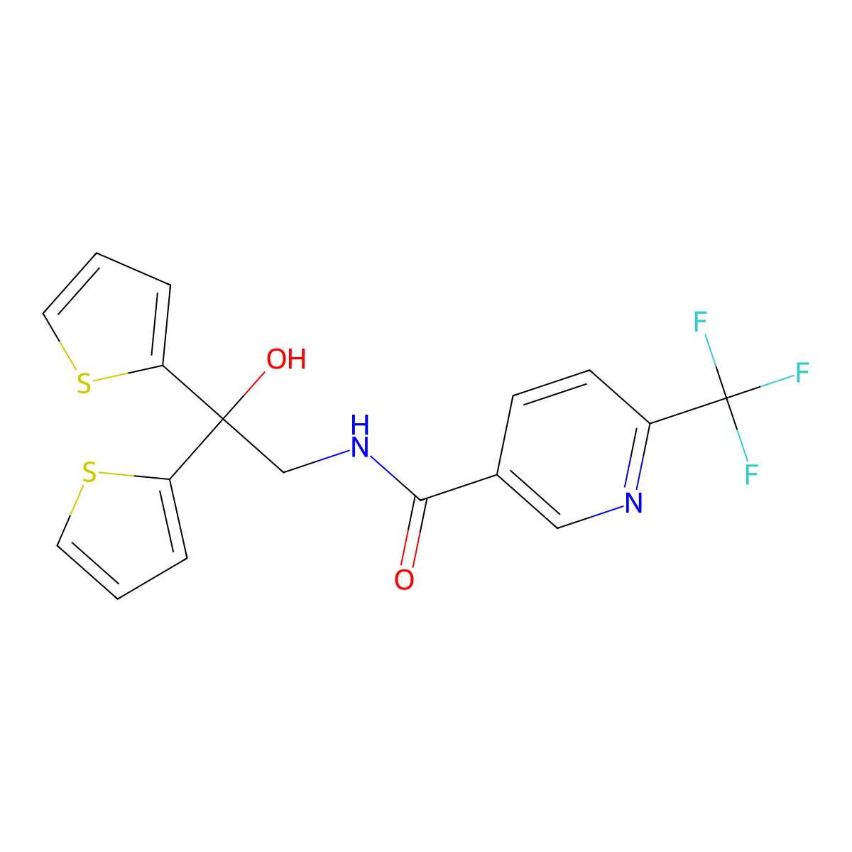N-(2-hydroxy-2,2-di(thiophen-2-yl)ethyl)-6-(trifluoromethyl)nicotinamide molecular structure, CAS 2034265-09-1