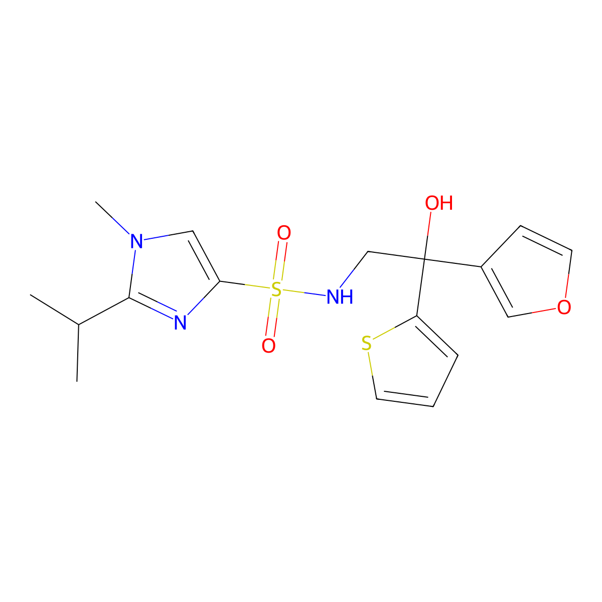 N-(2-(furan-3-yl)-2-hydroxy-2-(thiophen-2-yl)ethyl)-2-isopropyl-1-methyl-1H-imidazole-4-sulfonamide molecular structure, CAS 2034265-13-7