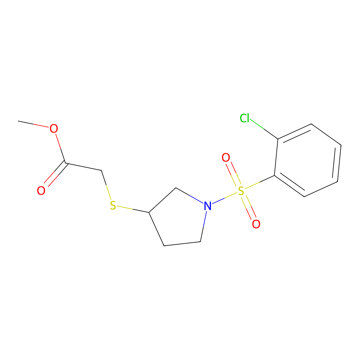 Methyl 2-((1-((2-chlorophenyl)sulfonyl)pyrrolidin-3-yl)thio)acetate molecular structure, CAS 2034265-63-7