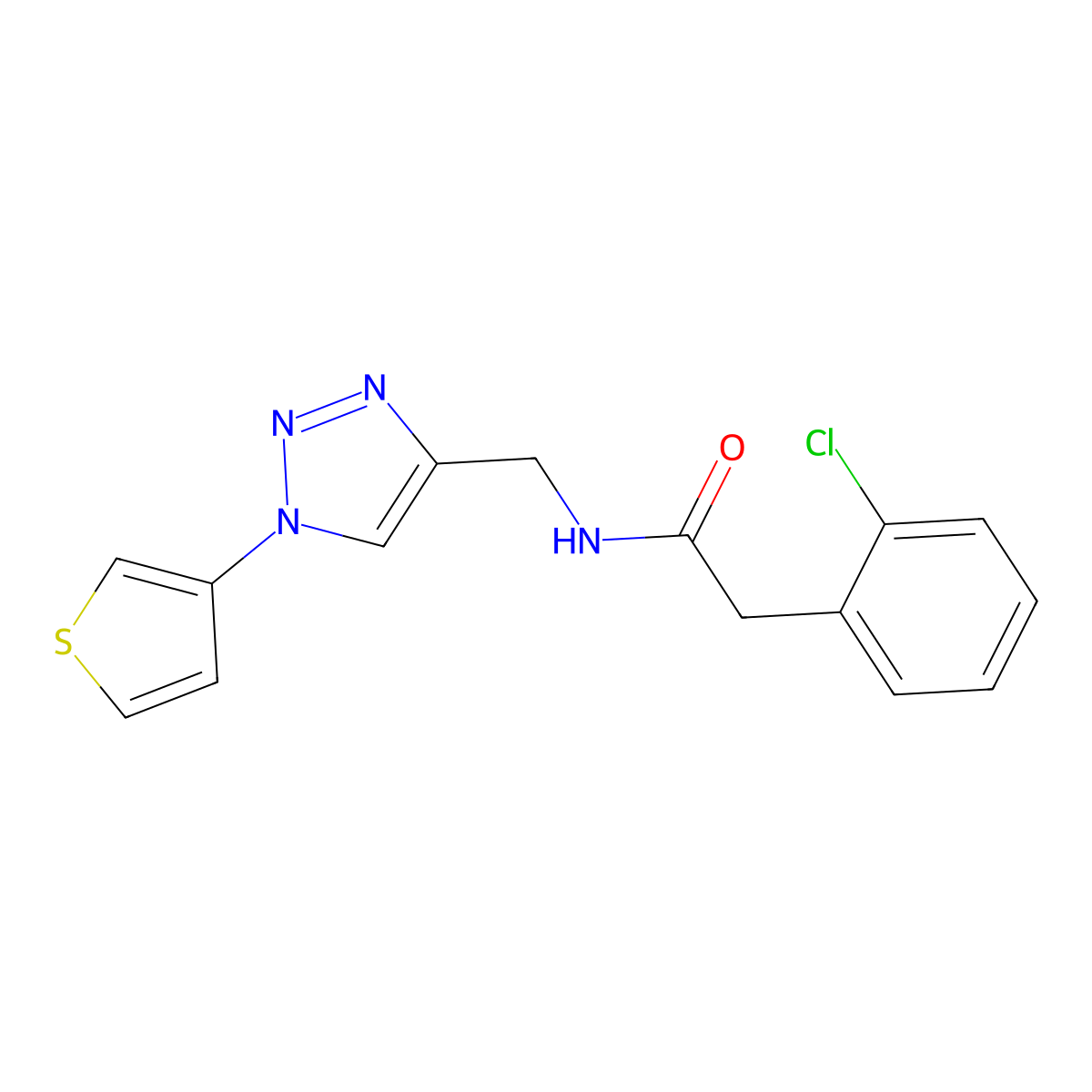 2-(2-chlorophenyl)-N-((1-(thiophen-3-yl)-1H-1,2,3-triazol-4-yl)methyl)acetamide molecular structure, CAS 2034265-65-9