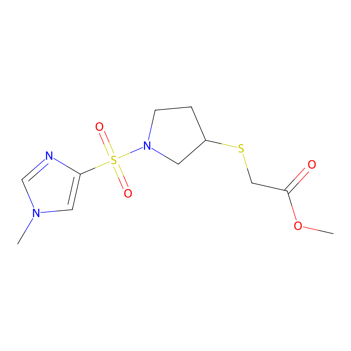 methyl 2-((1-((1-methyl-1H-imidazol-4-yl)sulfonyl)pyrrolidin-3-yl)thio)acetate molecular structure, CAS 2034265-75-1