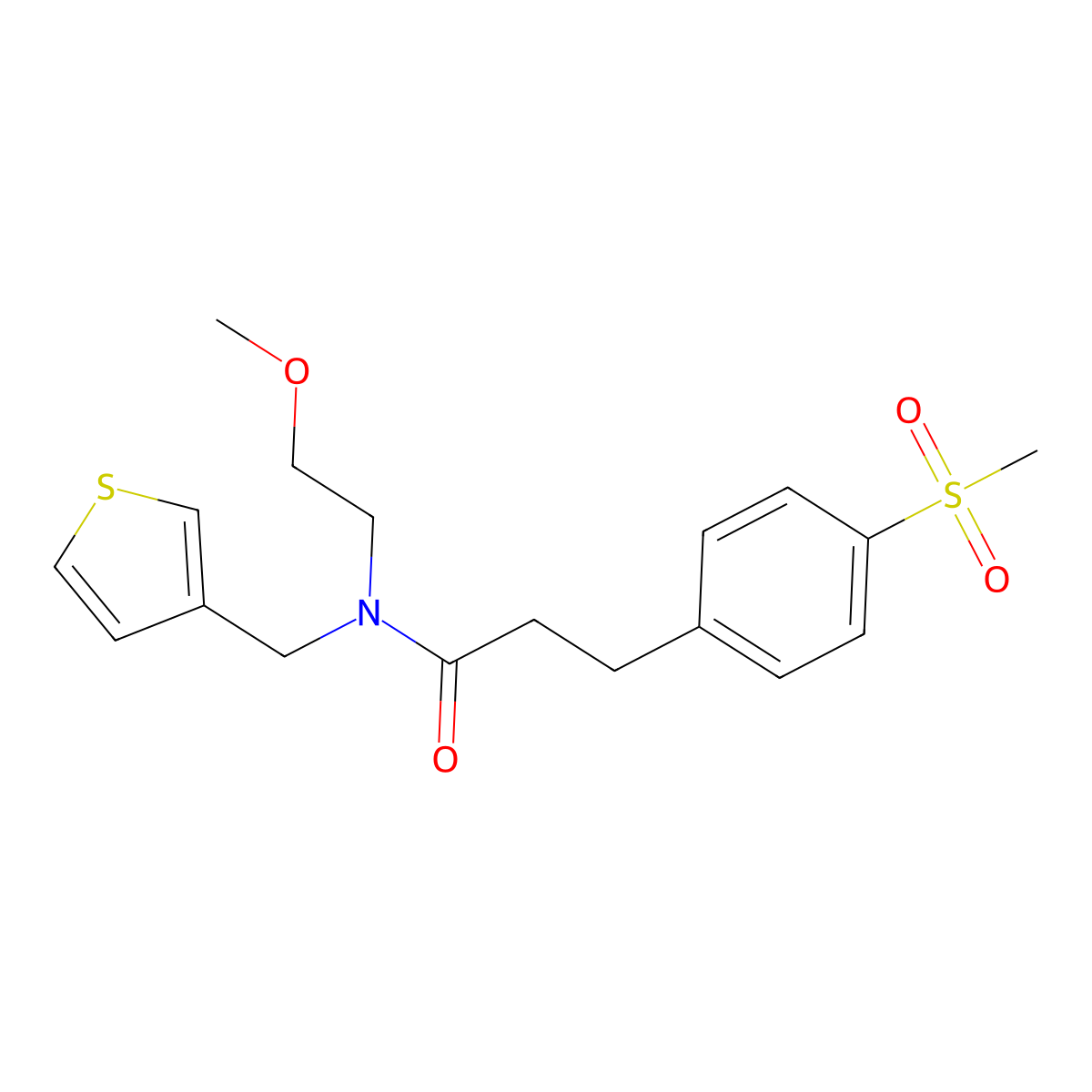 N-(2-methoxyethyl)-3-(4-(methylsulfonyl)phenyl)-N-(thiophen-3-ylmethyl)propanamide molecular structure, CAS 2034265-93-3