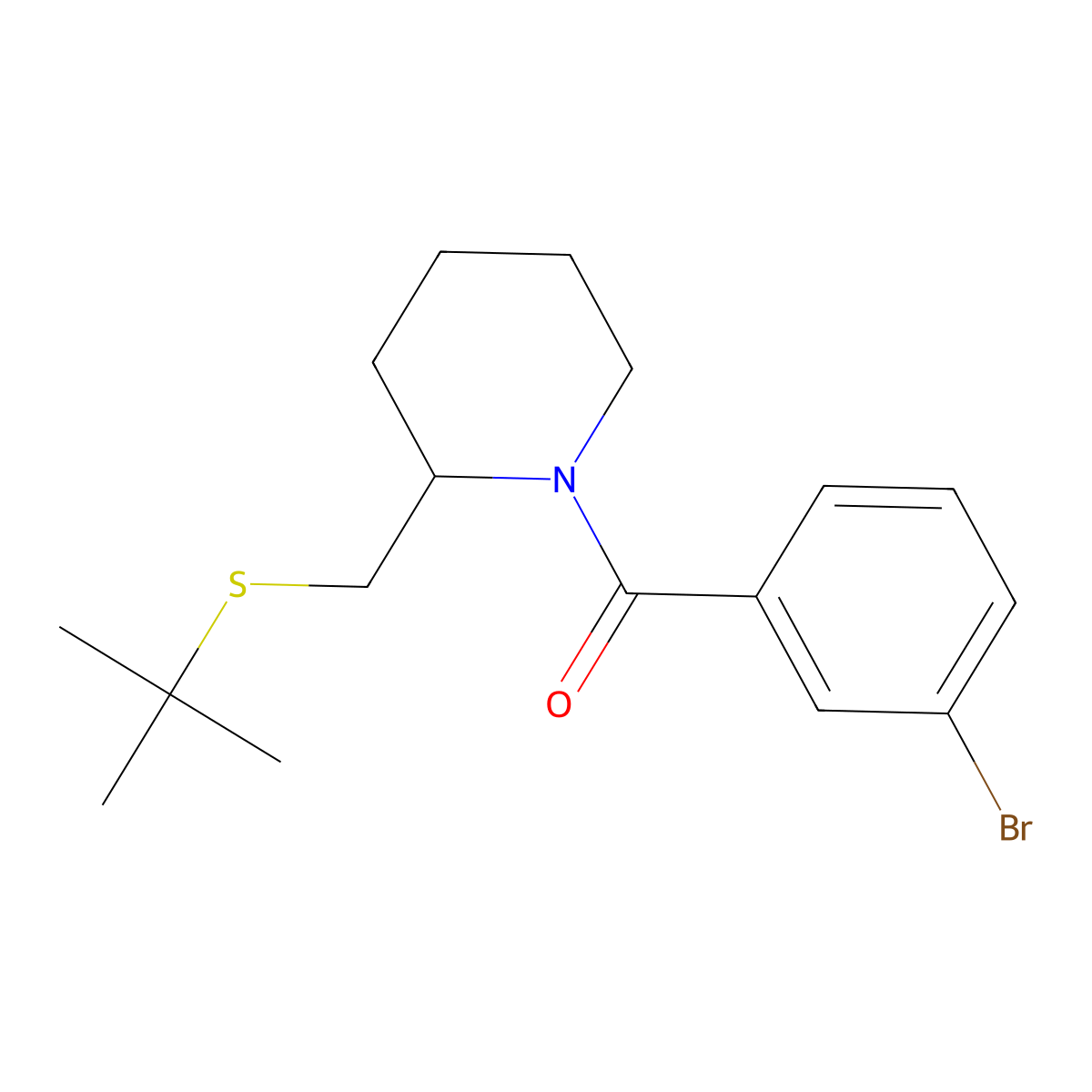 (3-Bromophenyl)(2-((tert-butylthio)methyl)piperidin-1-yl)methanone molecular structure, CAS 2034266-20-9