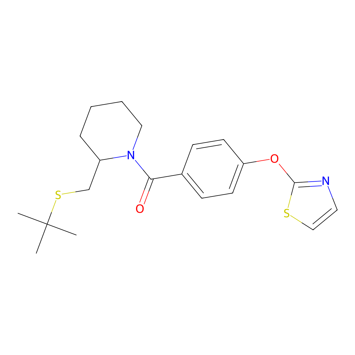 (2-((Tert-butylthio)methyl)piperidin-1-yl)(4-(thiazol-2-yloxy)phenyl)methanone molecular structure, CAS 2034266-34-5