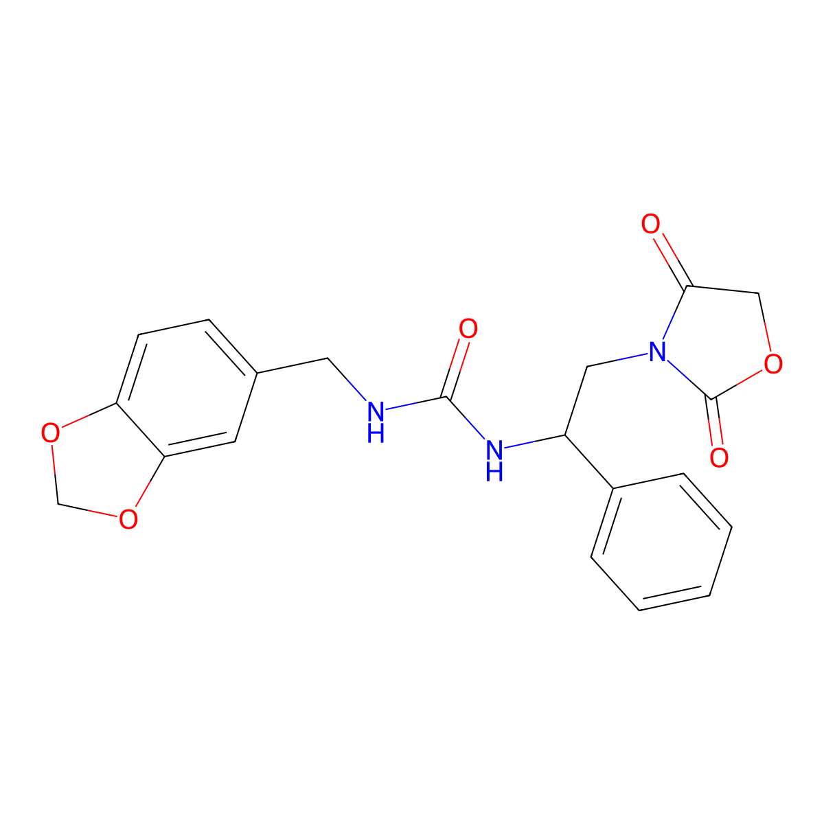 1-(Benzo[d][1,3]dioxol-5-ylmethyl)-3-(2-(2,4-dioxooxazolidin-3-yl)-1-phenylethyl)urea molecular structure, CAS 2034266-38-9