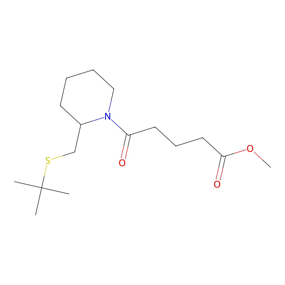 Methyl 5-(2-((tert-butylthio)methyl)piperidin-1-yl)-5-oxopentanoate molecular structure, CAS 2034266-43-6