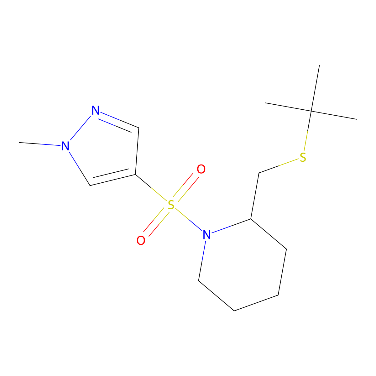 2-((tert-butylthio)methyl)-1-((1-methyl-1H-pyrazol-4-yl)sulfonyl)piperidine molecular structure, CAS 2034266-47-0