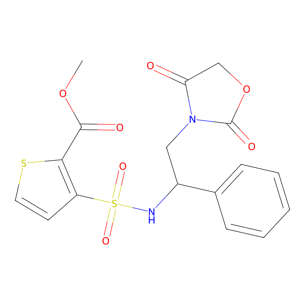 methyl 3-(N-(2-(2,4-dioxooxazolidin-3-yl)-1-phenylethyl)sulfamoyl)thiophene-2-carboxylate molecular structure, CAS 2034266-56-1