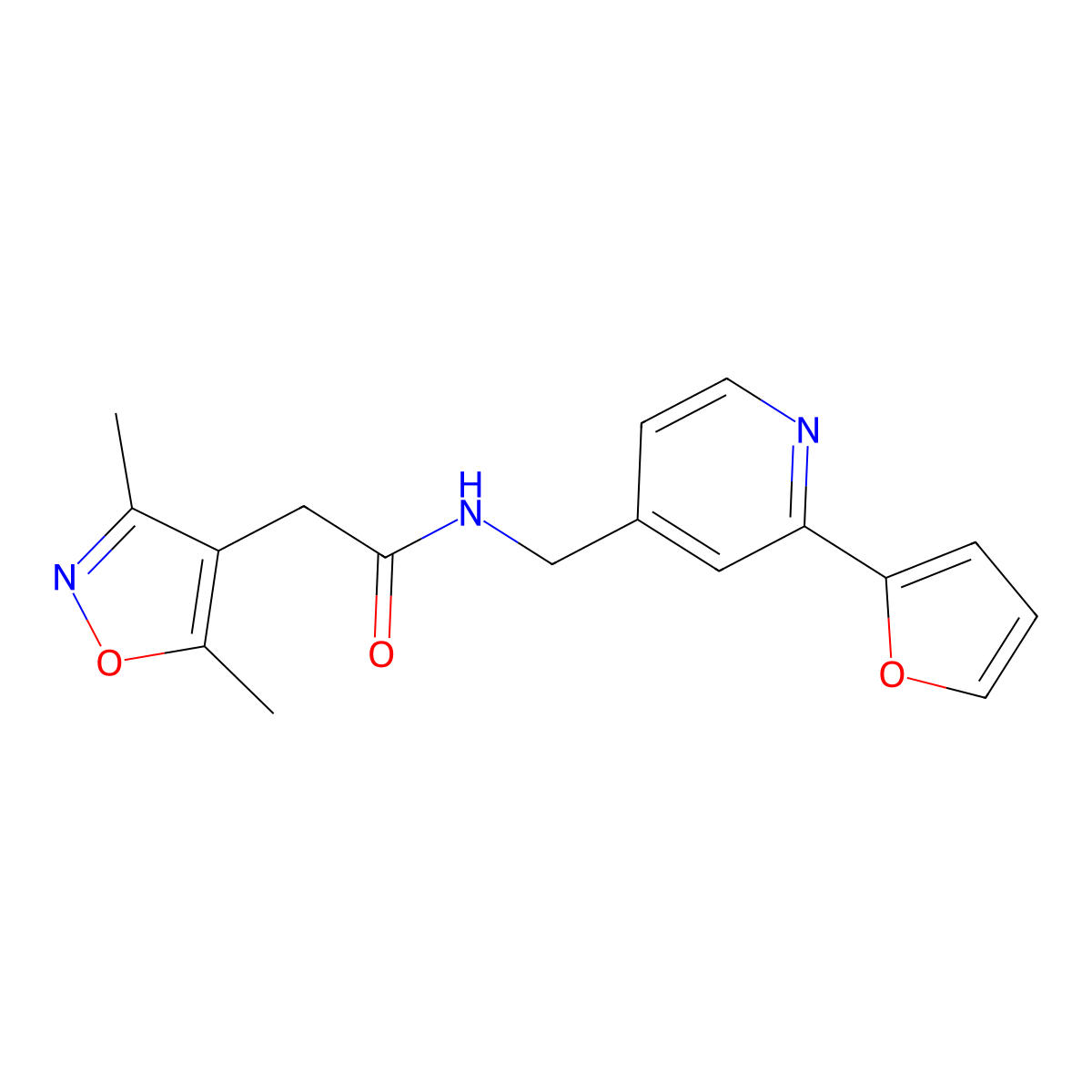 2-(3,5-dimethylisoxazol-4-yl)-N-((2-(furan-2-yl)pyridin-4-yl)methyl)acetamide molecular structure, CAS 2034266-59-4