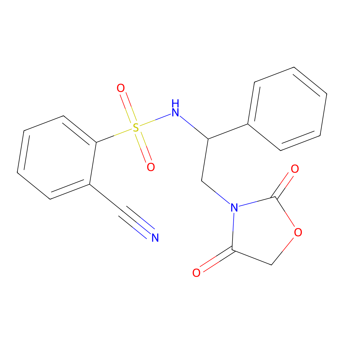 2-cyano-N-(2-(2,4-dioxooxazolidin-3-yl)-1-phenylethyl)benzenesulfonamide molecular structure, CAS 2034266-60-7