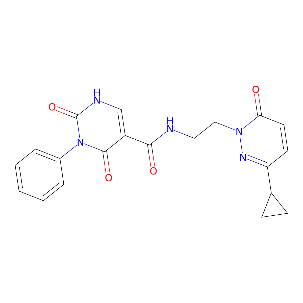 N-[2-(3-cyclopropyl-6-oxo-1,6-dihydropyridazin-1-yl)ethyl]-2,4-dioxo-3-phenyl-1,2,3,4-tetrahydropyrimidine-5-carboxamide molecular structure, CAS 2034266-75-4