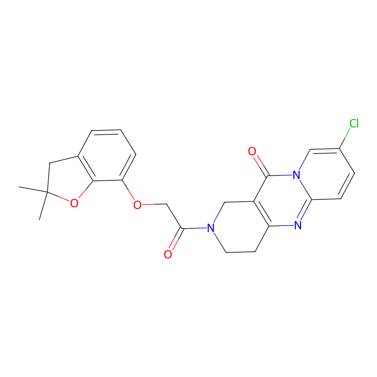 8-chloro-2-(2-((2,2-dimethyl-2,3-dihydrobenzofuran-7-yl)oxy)acetyl)-3,4-dihydro-1H-dipyrido[1,2-a:4',3'-d]pyrimidin-11(2H)-one molecular structure, CAS 2034266-92-5