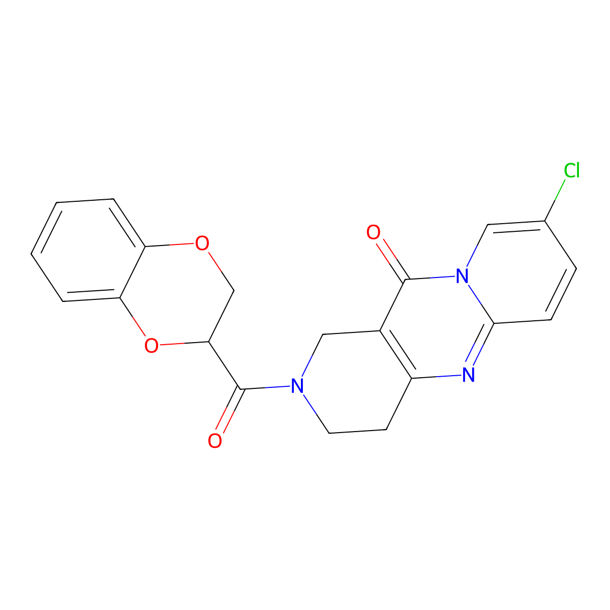 8-chloro-2-(2,3-dihydrobenzo[b][1,4]dioxine-2-carbonyl)-3,4-dihydro-1H-dipyrido[1,2-a:4',3'-d]pyrimidin-11(2H)-one molecular structure, CAS 2034267-14-4