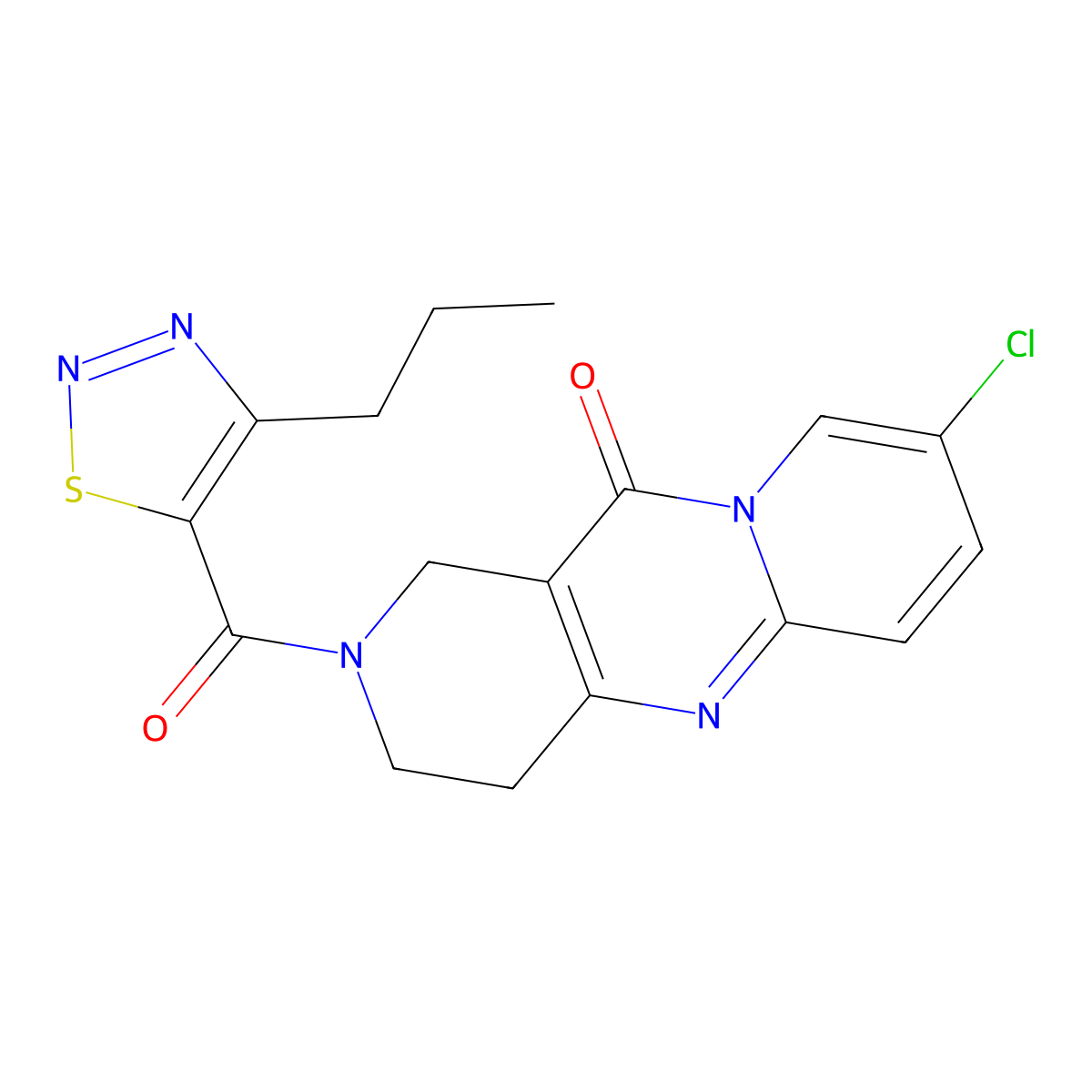 8-chloro-2-(4-propyl-1,2,3-thiadiazole-5-carbonyl)-3,4-dihydro-1H-dipyrido[1,2-a:4',3'-d]pyrimidin-11(2H)-one molecular structure, CAS 2034267-20-2