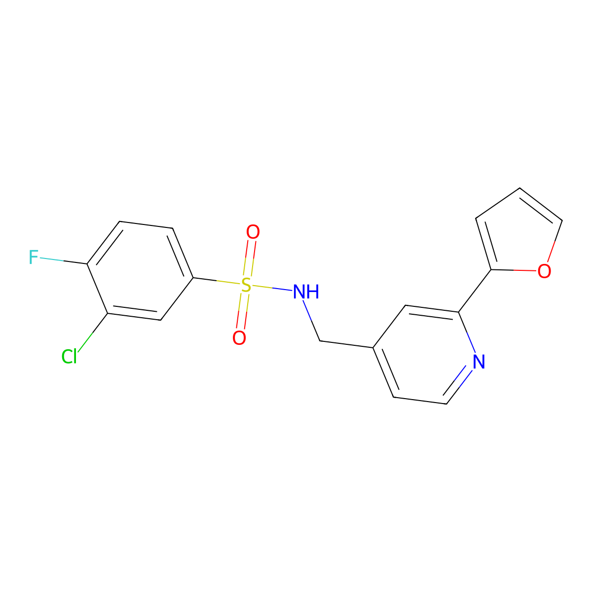 3-chloro-4-fluoro-N-((2-(furan-2-yl)pyridin-4-yl)methyl)benzenesulfonamide molecular structure, CAS 2034267-29-1