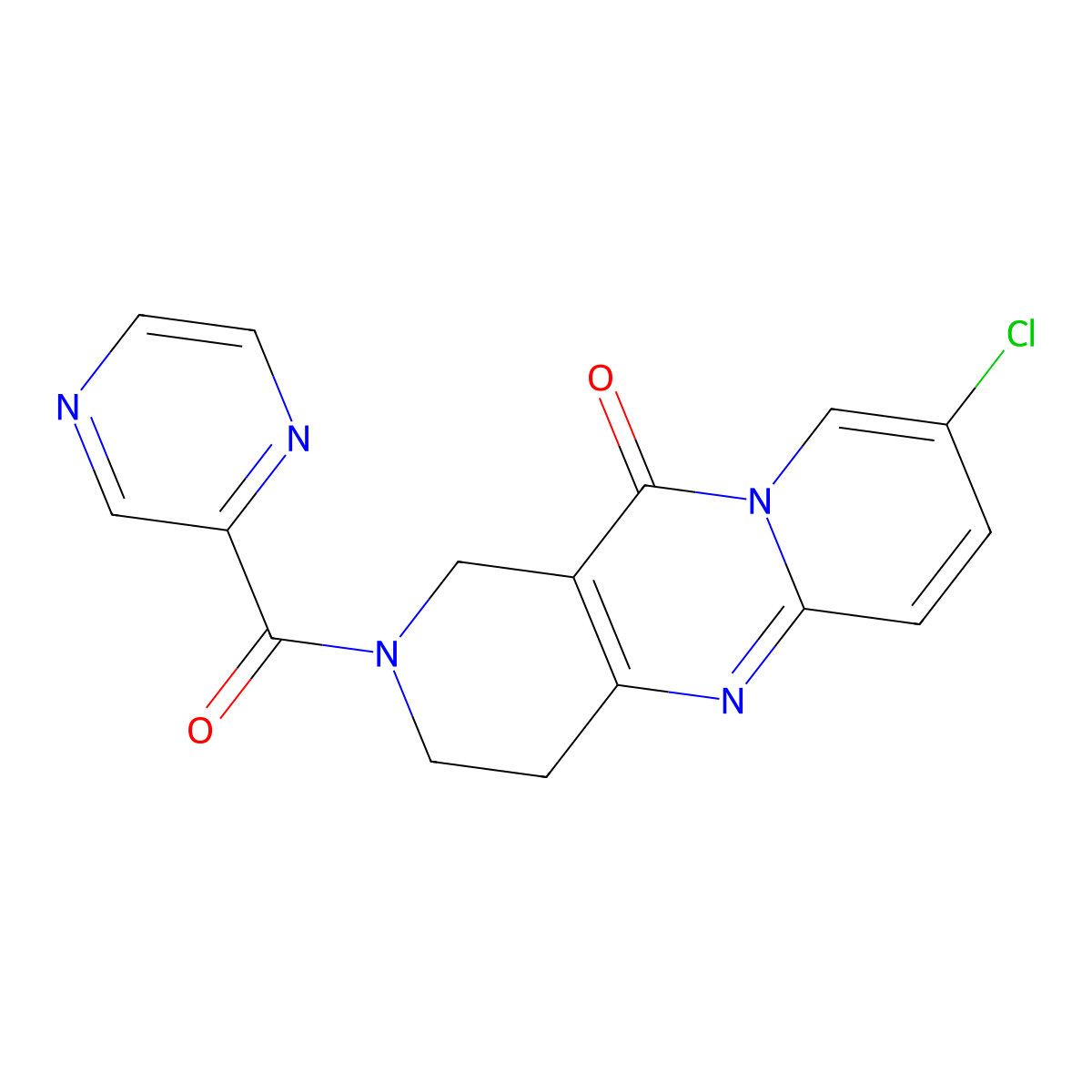 8-chloro-2-(pyrazine-2-carbonyl)-3,4-dihydro-1H-dipyrido[1,2-a:4',3'-d]pyrimidin-11(2H)-one molecular structure, CAS 2034267-51-9