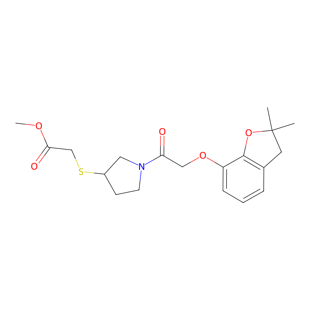 Methyl 2-((1-(2-((2,2-dimethyl-2,3-dihydrobenzofuran-7-yl)oxy)acetyl)pyrrolidin-3-yl)thio)acetate molecular structure, CAS 2034267-52-0
