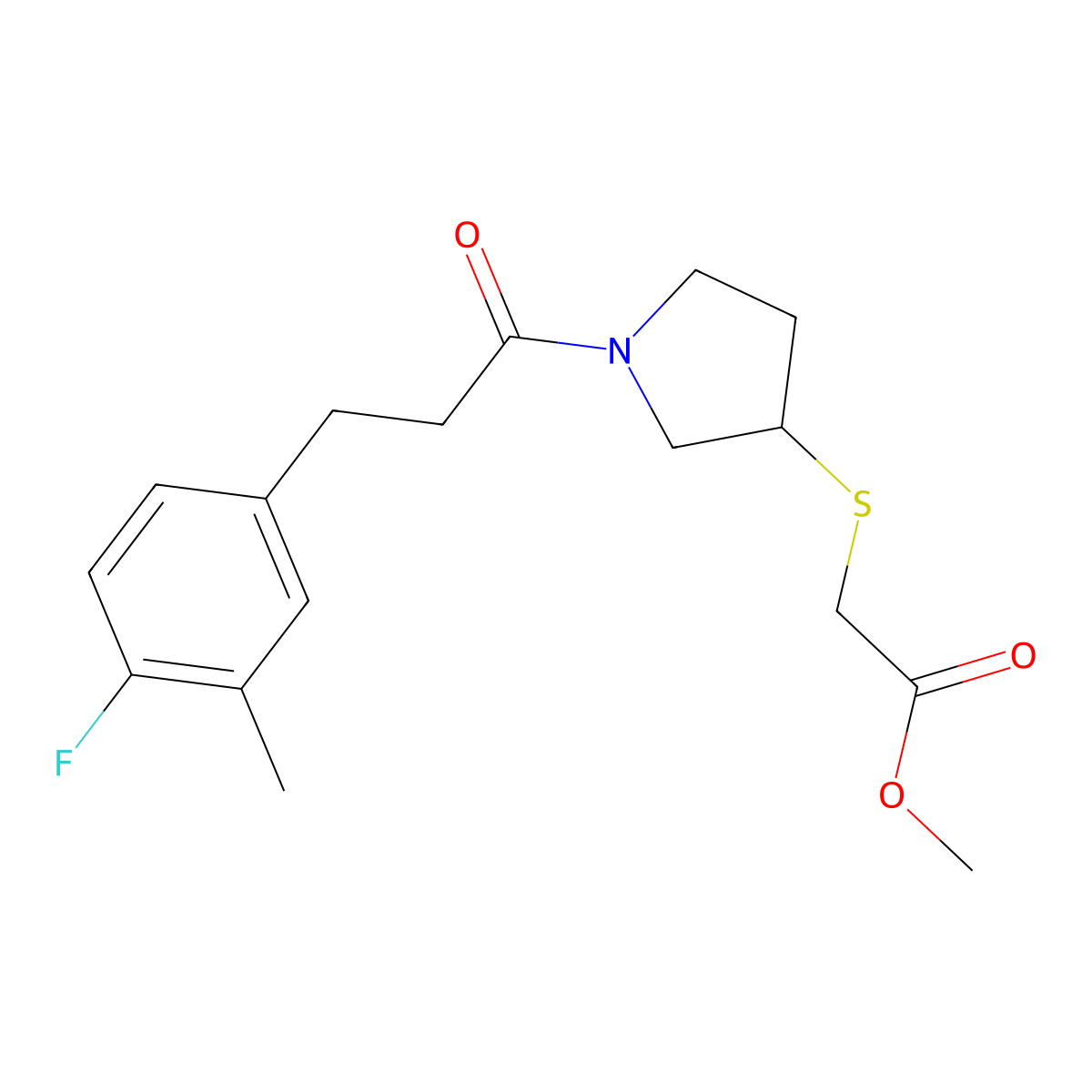Methyl 2-((1-(3-(4-fluoro-3-methylphenyl)propanoyl)pyrrolidin-3-yl)thio)acetate molecular structure, CAS 2034267-59-7